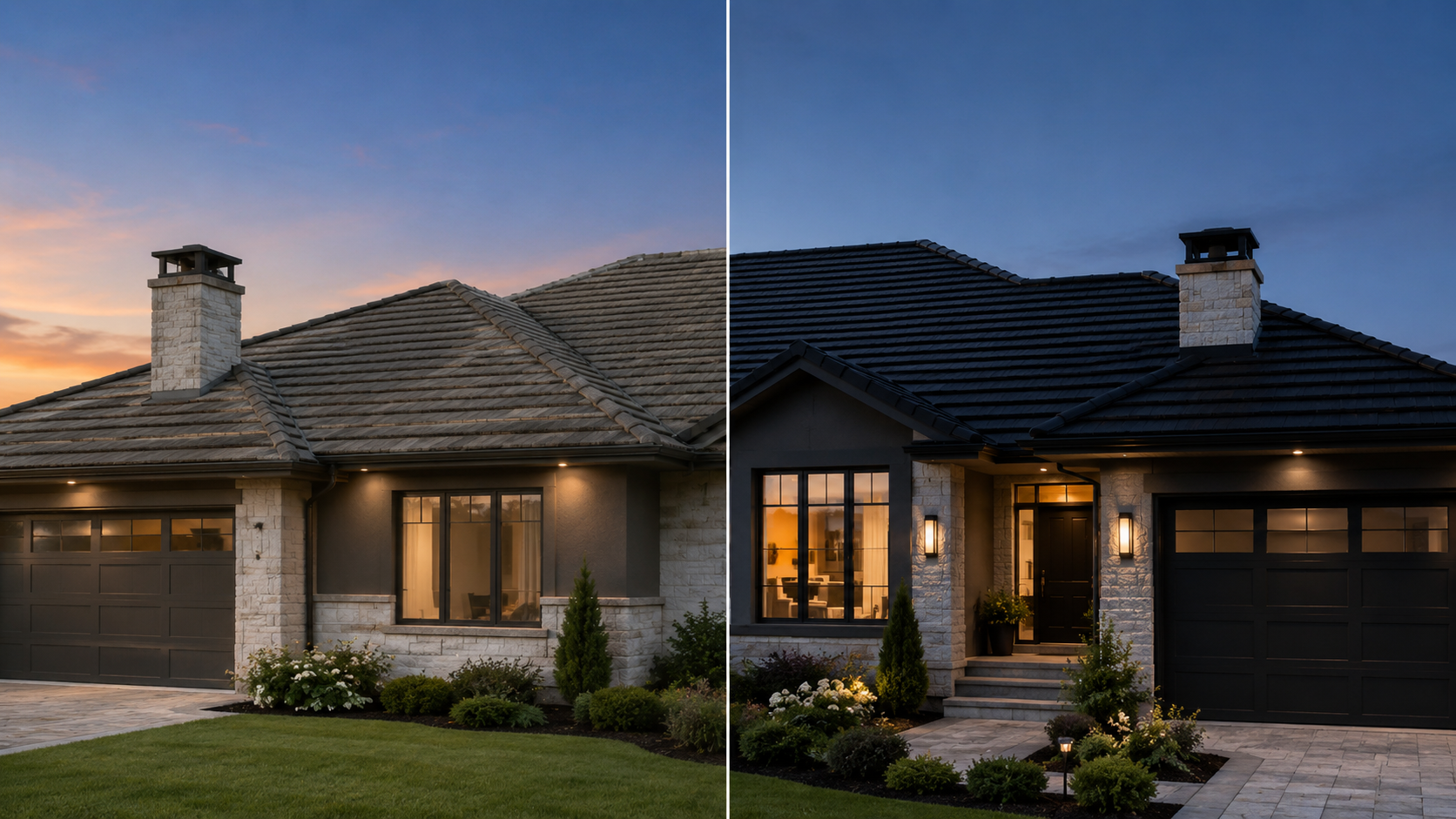 Before-and-after of a restored terracotta tile roof in Brisbane West